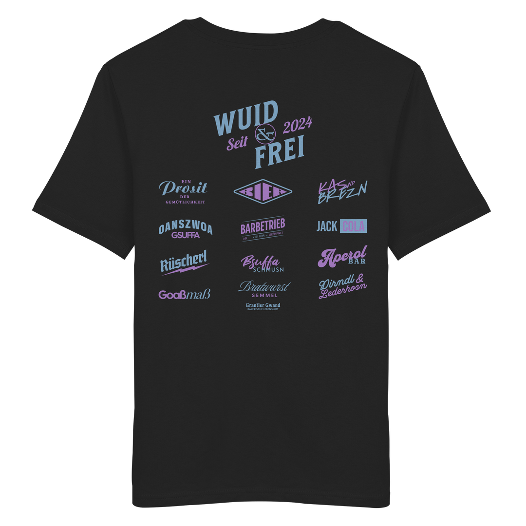 Schwarzes Shirt mit großem Backprint „Wuid &amp; Frei seit 2024“ sowie verschiedenen bayerischen Typografie-Designs und Dialektbegriffen.