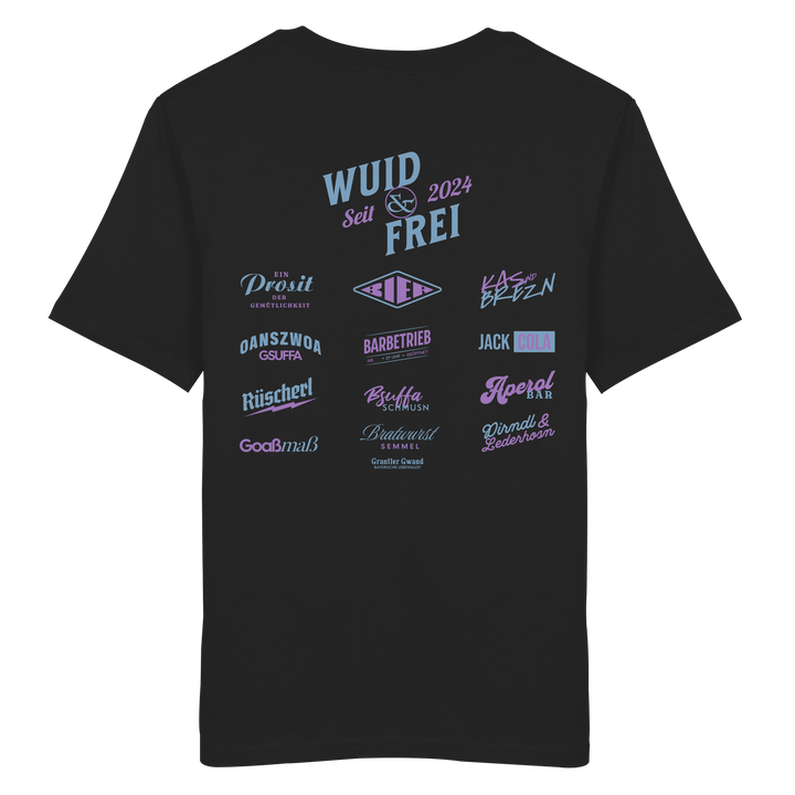 Schwarzes Shirt mit großem Backprint „Wuid &amp; Frei seit 2024“ sowie verschiedenen bayerischen Typografie-Designs und Dialektbegriffen.