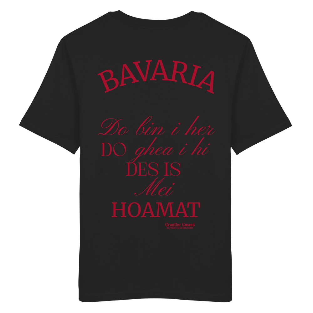 Schwarzes Shirt mit großem Backprint „Bavaria – Do bin i her. Do ghea i hi. Des is mei Hoamat.“ in elegantem Typografie-Design.