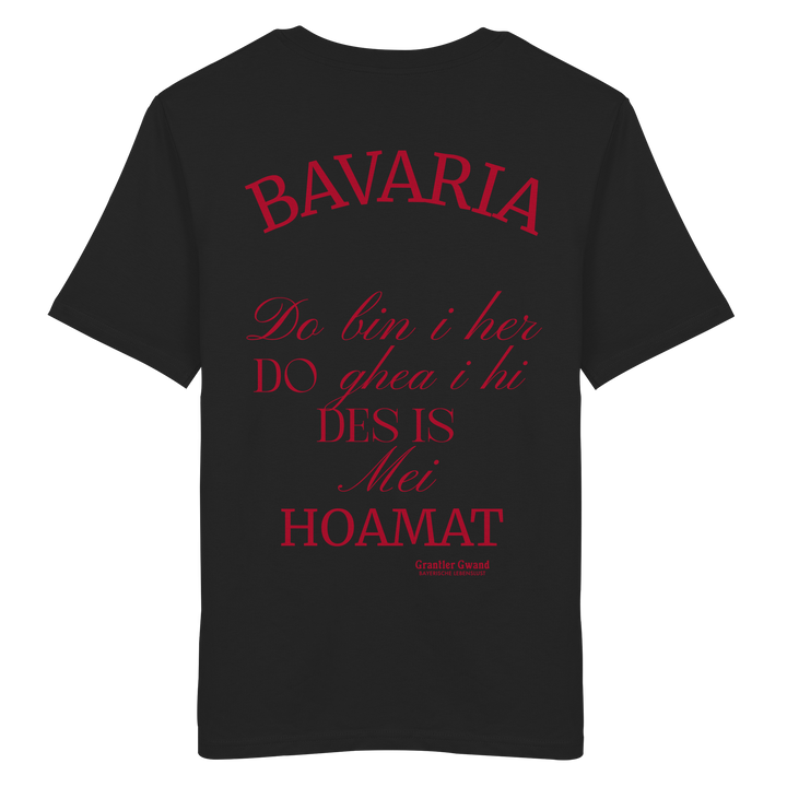 Schwarzes Shirt mit großem Backprint „Bavaria – Do bin i her. Do ghea i hi. Des is mei Hoamat.“ in elegantem Typografie-Design.