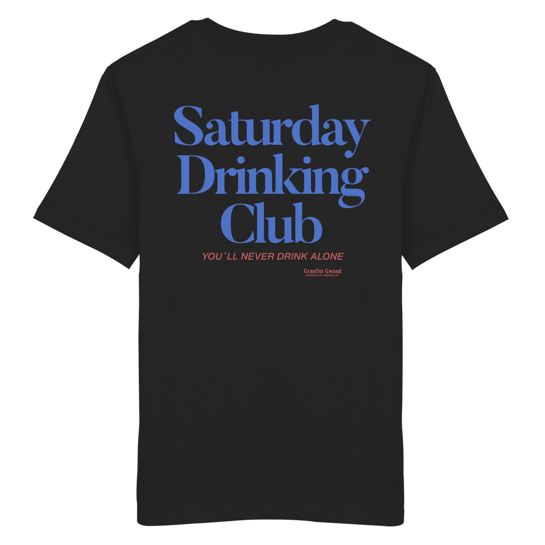 Schwarzes Shirt mit großem Rückenprint „Saturday Drinking Club“ in Blau und rotem Schriftzug „You'll never drink alone“.
