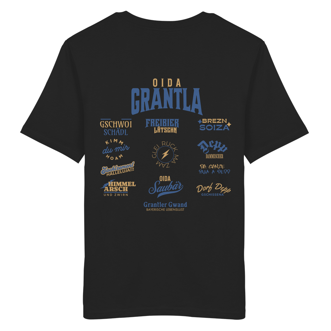 Schwarzes Shirt mit großem Backprint „Oida Grantla“ und verschiedenen bayerischen Dialektbegriffen wie Gschwoi Schädl, Freibier Låtschn, Brezn Soiza, Oida Saubär und Dorf Depp von Grantler Gwand.