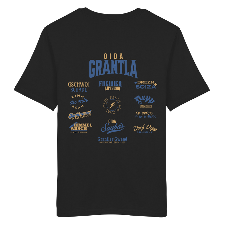 Schwarzes Shirt mit großem Backprint „Oida Grantla“ und verschiedenen bayerischen Dialektbegriffen wie Gschwoi Schädl, Freibier Låtschn, Brezn Soiza, Oida Saubär und Dorf Depp von Grantler Gwand.