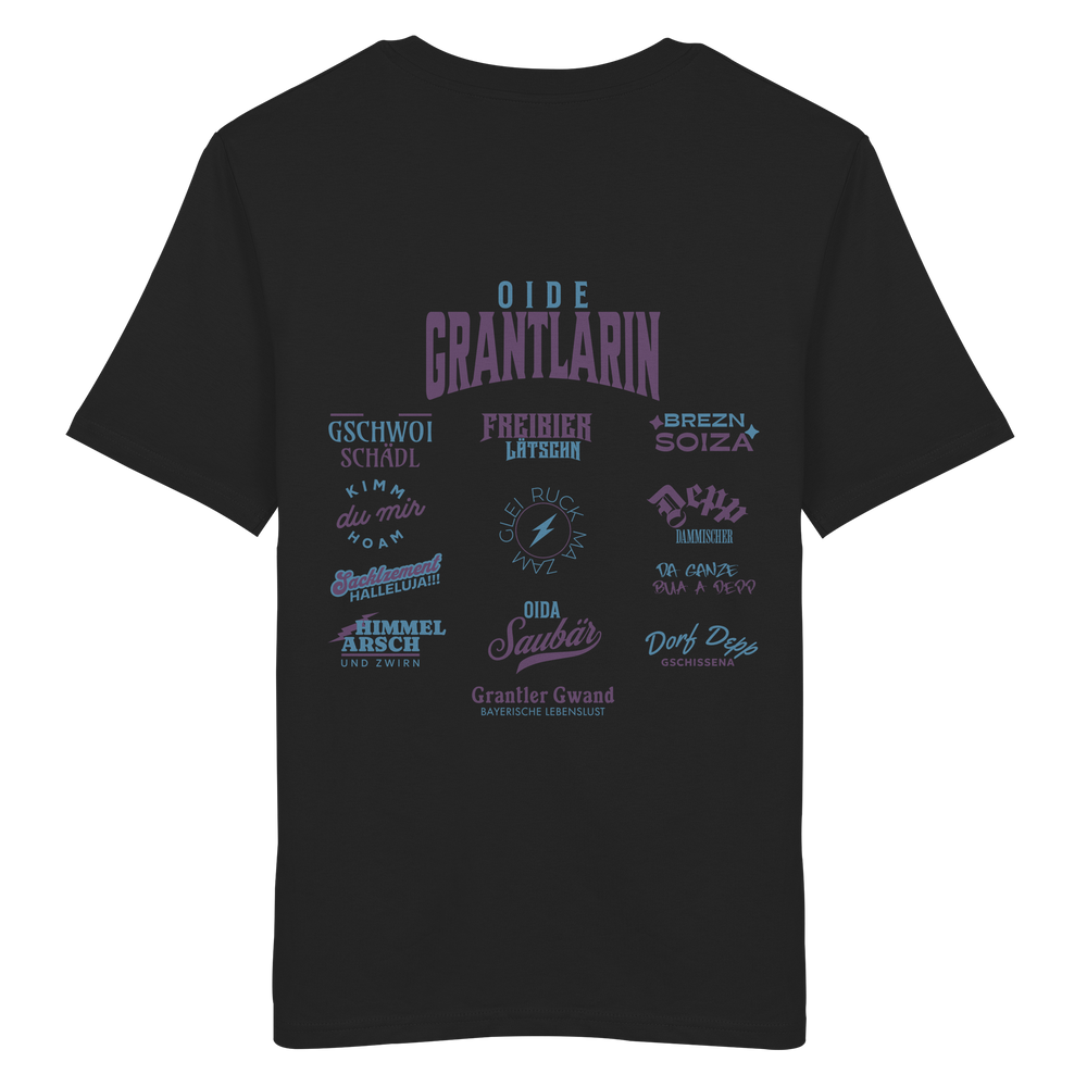 Schwarzes Shirt mit großem Backprint „Oide Grantlarin“ und verschiedenen bayerischen Dialektbegriffen wie Gschwoi Schädl, Freibier Låtschn, Brezn Soiza, Oida Saubär und Dorf Depp von Grantler Gwand.