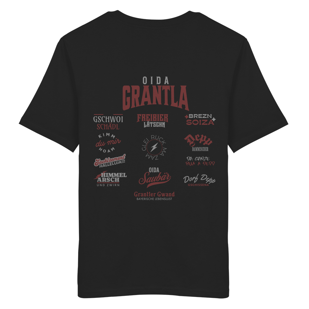 Schwarzes Shirt mit großem Backprint „Oida Grantla“ und verschiedenen bayerischen Dialektbegriffen wie Gschwoi Schädl, Freibier Låtschn, Brezn Soiza, Oida Saubär und Dorf Depp von Grantler Gwand.
