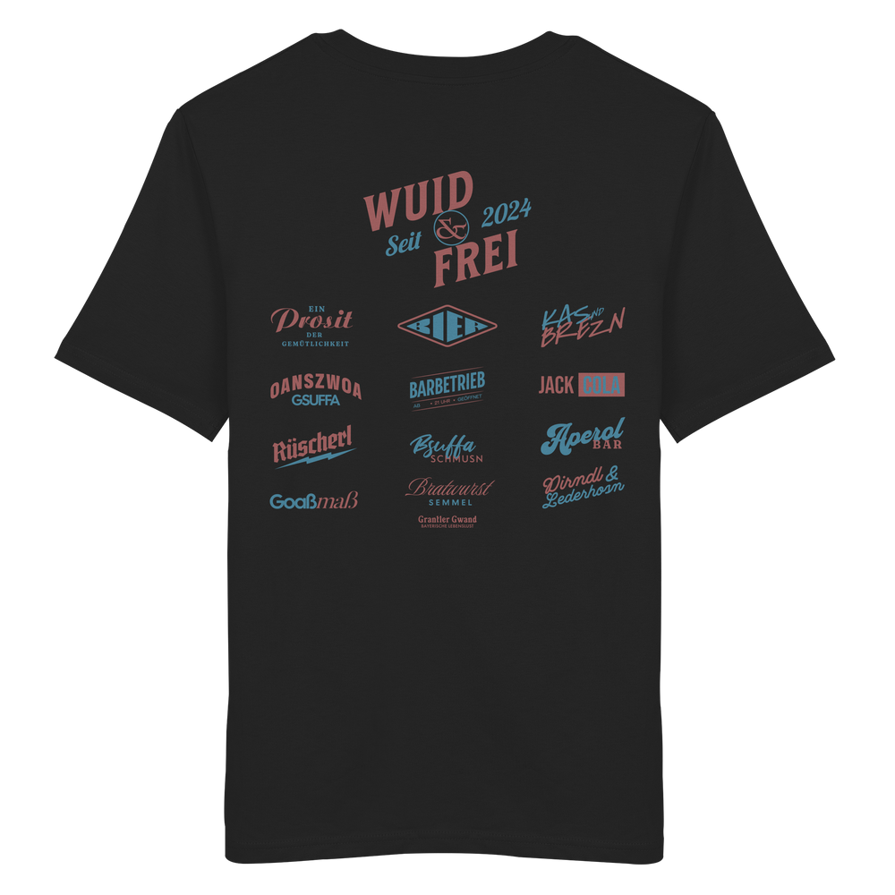 Schwarzes Shirt mit großem Backprint „Wuid & Frei seit 2024“ sowie verschiedenen bayerischen Typografie-Designs und Dialektbegriffen.