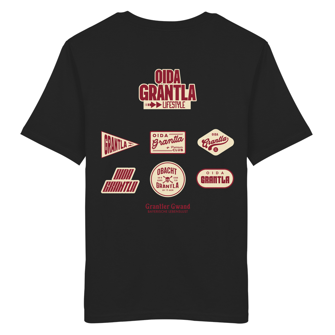 Schwarzes Shirt mit großem Oida Grantla Lifestyle Backprint aus mehreren Retro-Logos im bayerischen Streetwear-Design von Grantler Gwand.