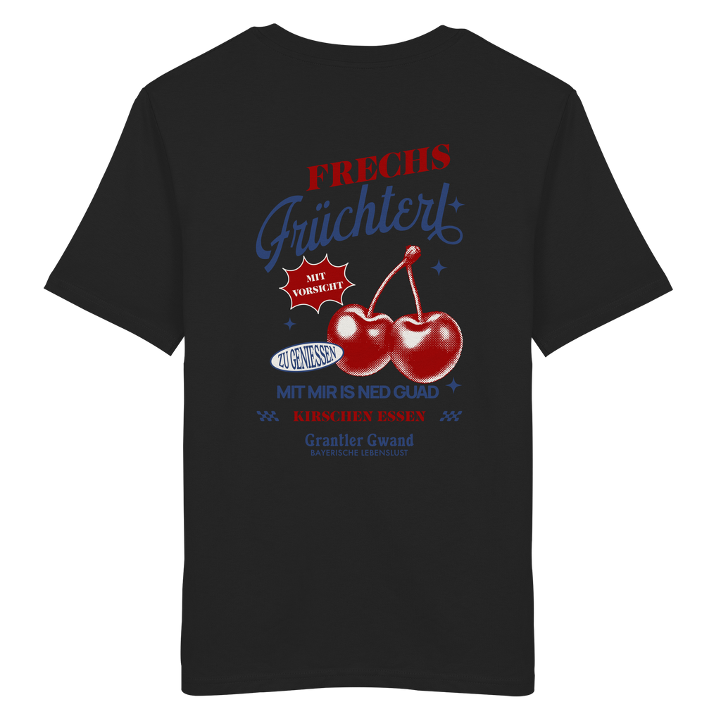 Schwarzes Unisex-T-Shirt mit „Frechs Früchterl“-Backprint und Kirschen-Motiv – bayerische Streetwear im Vintage-Retro-Look von Grantler Gwand.