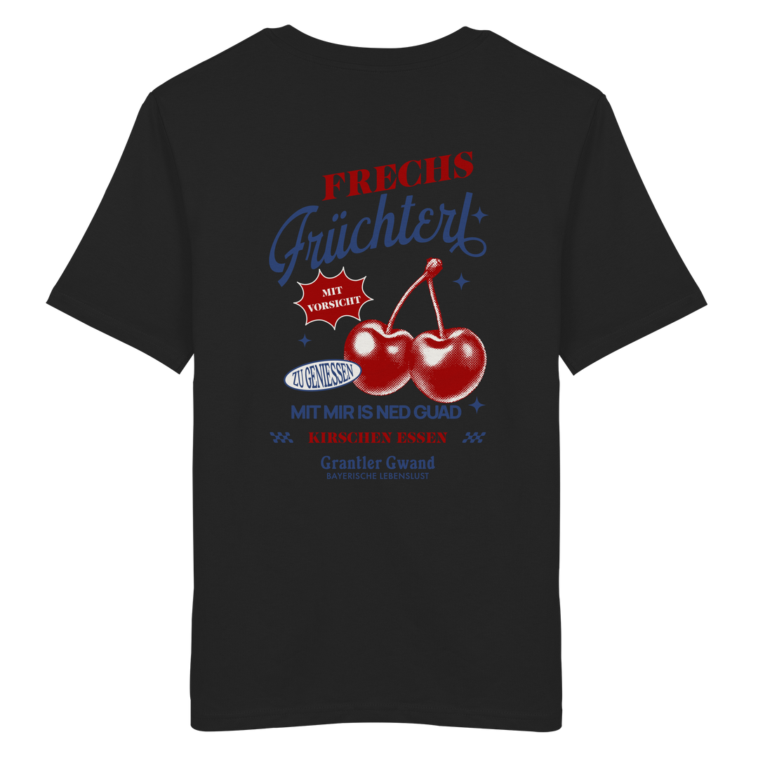 Schwarzes Unisex-T-Shirt mit „Frechs Früchterl“-Backprint und Kirschen-Motiv – bayerische Streetwear im Vintage-Retro-Look von Grantler Gwand.