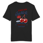 Schwarzes Unisex-T-Shirt mit „Frechs Früchterl“-Backprint und Kirschen-Motiv – bayerische Streetwear im Vintage-Retro-Look von Grantler Gwand.