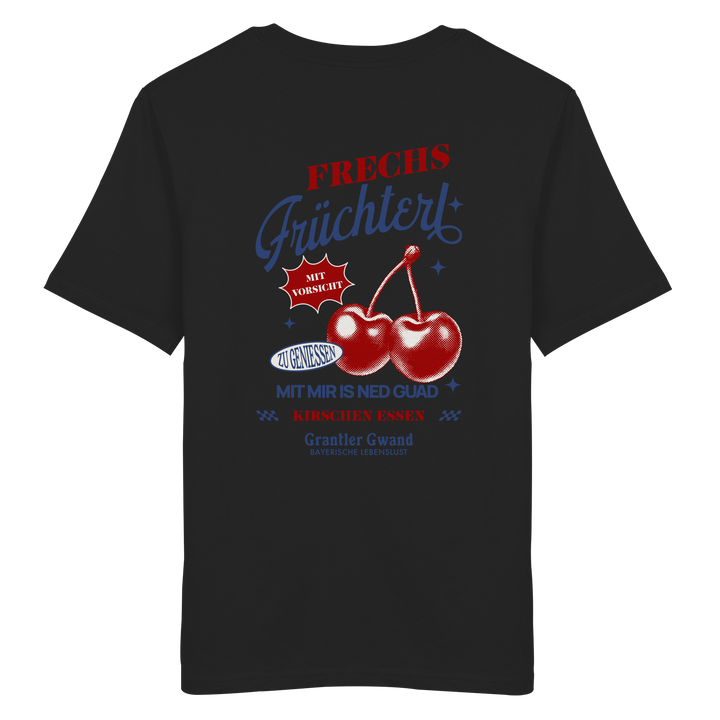 Schwarzes Unisex-T-Shirt mit „Frechs Früchterl“-Backprint und Kirschen-Motiv – bayerische Streetwear im Vintage-Retro-Look von Grantler Gwand.