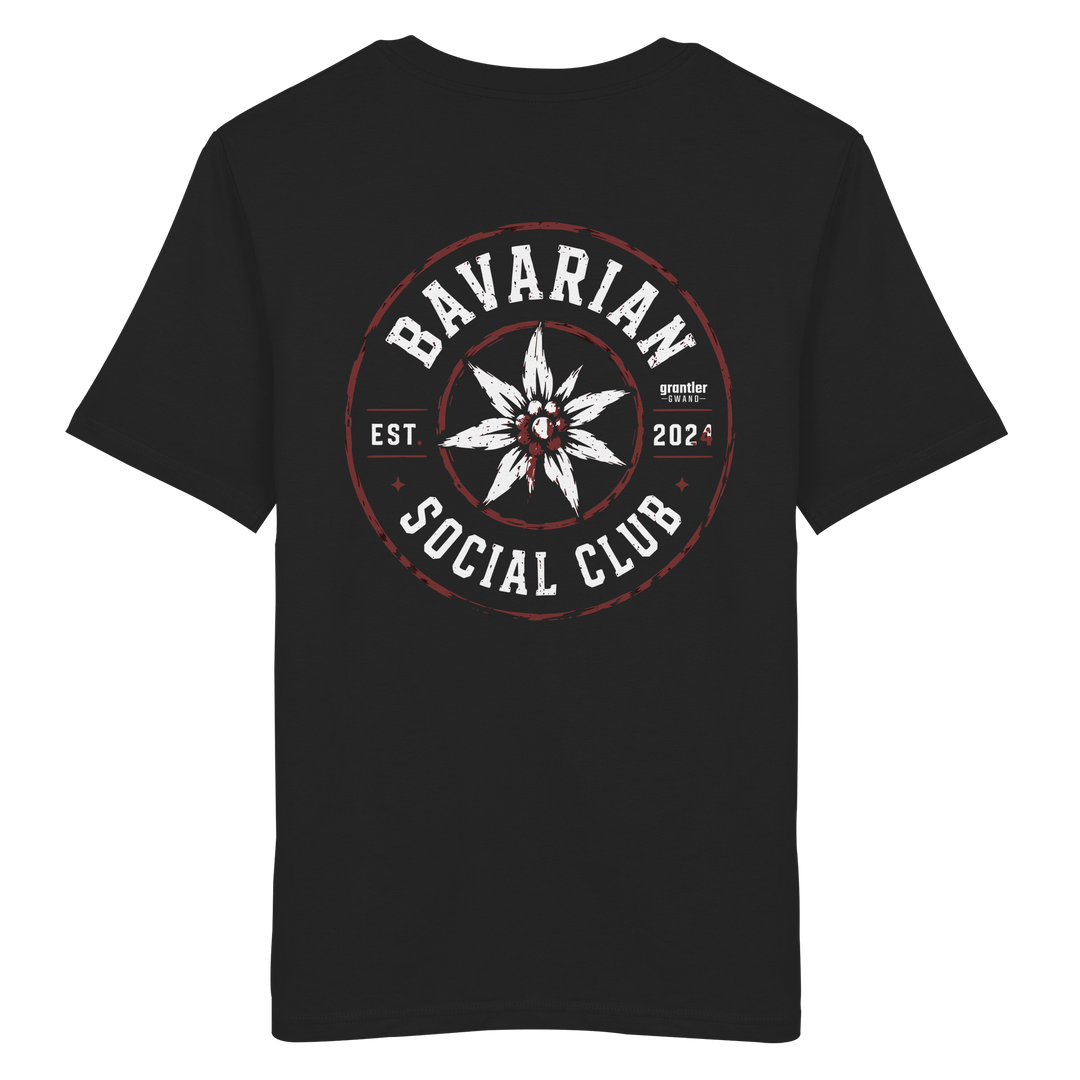 Schwarzes  T-Shirt mit großem „Bavarian Social Club“-Backprint, weißem Edelweiß in der Mitte sowie Vintage-Details in Weiß und Dunkelrot.