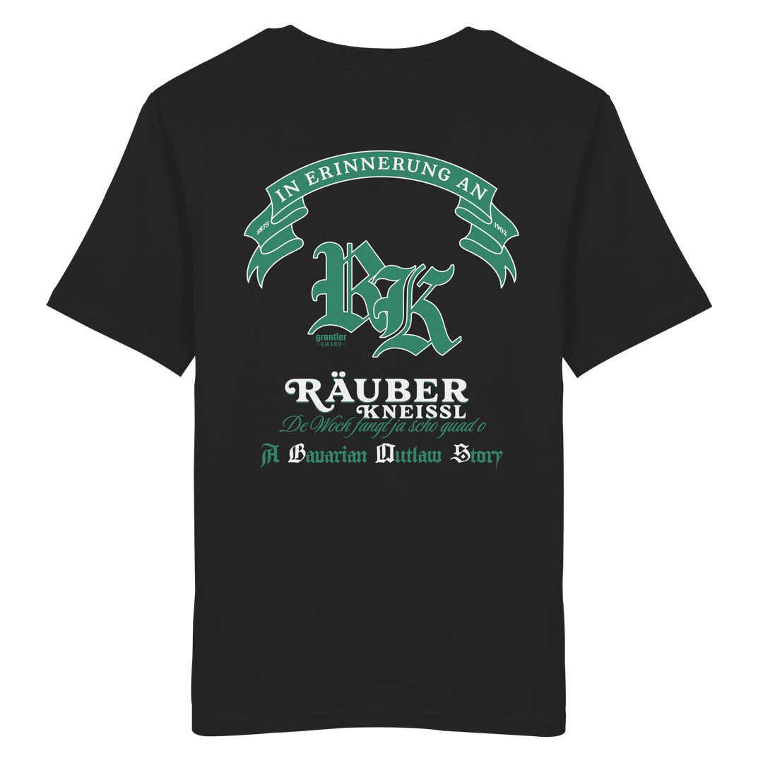 Schwarzes T-Shirt mit großem Räuber-Kneißl-Backprint im Vintage-Stil und modernem bayerischen Streetwear-Design.