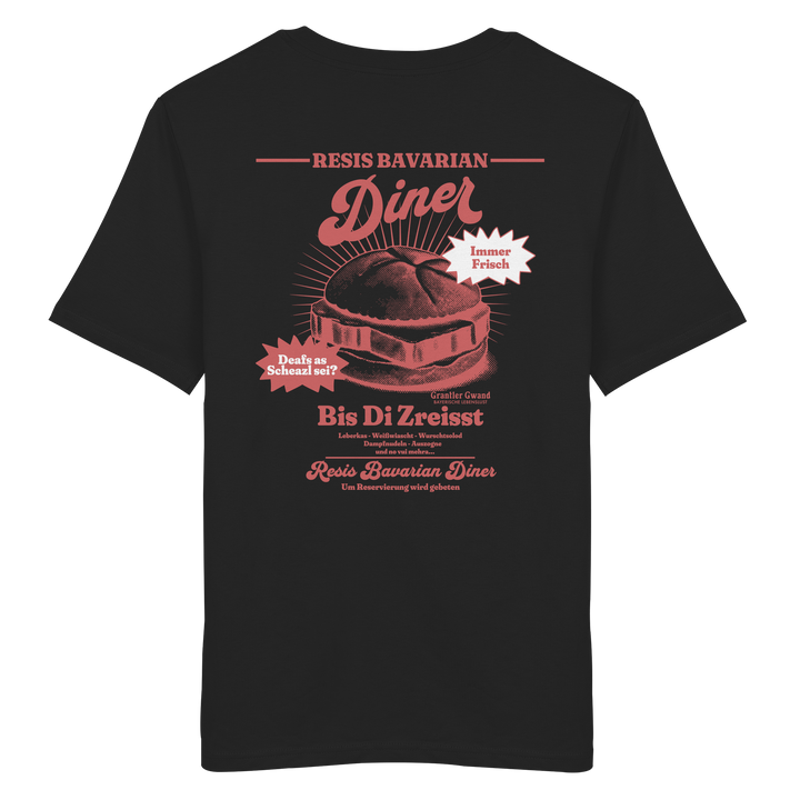 Schwarzes Unisex T-Shirt mit rotem Backprint „Resis Bavarian Diner“ – bayerisches Streetwear Shirt mit Leberkässemmel im Vintage-Diner-Design von Grantler Gwand.