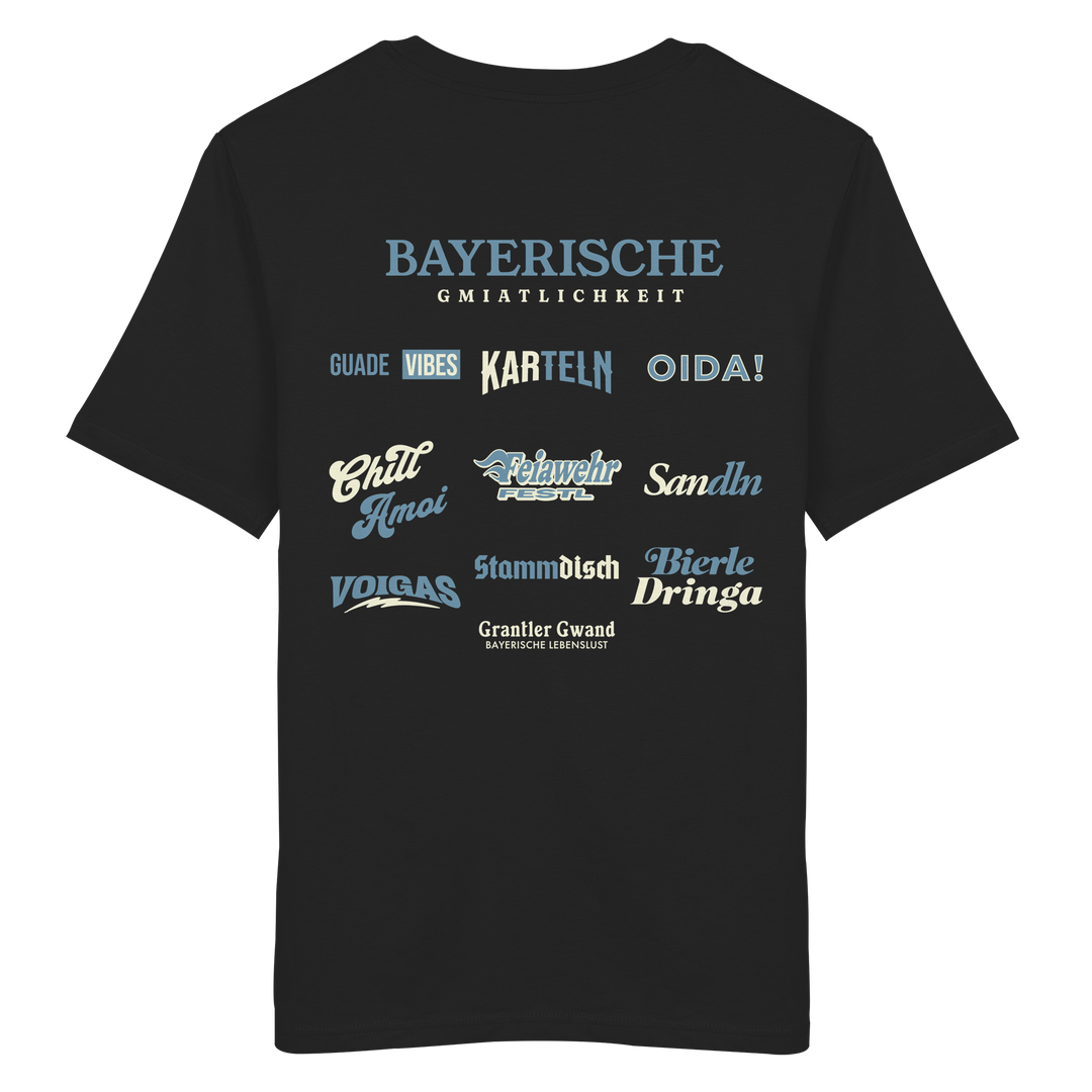 Schwarzes unisex Shirt mit großem Backprint "Bayerische Gmiatlichkeit" und verschiedenen bayerischen Begriffen wie Oida, Karteln, Stammdisch und Bierle Dringa von Grantler Gwand.