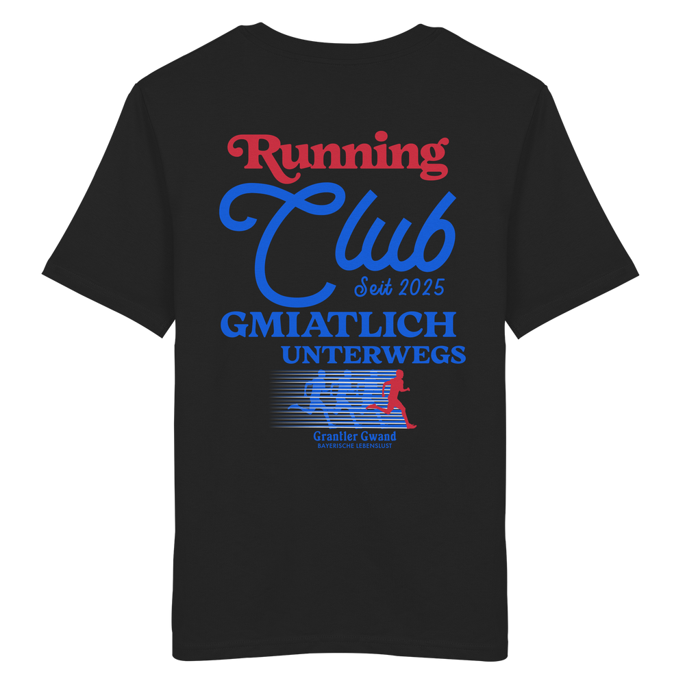 Schwarzes Unisex T-Shirt mit großem Running Club Backprint im Retro-Design in Blau und Rot sowie „Gmiatlich unterwegs“ Schriftzug – hochwertiges Baumwoll T-Shirt für Laufen, Freizeit und bayerische Streetwear von Grantler Gwand.
