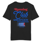 Schwarzes Unisex T-Shirt mit großem Running Club Backprint im Retro-Design in Blau und Rot sowie „Gmiatlich unterwegs“ Schriftzug – hochwertiges Baumwoll T-Shirt für Laufen, Freizeit und bayerische Streetwear von Grantler Gwand.