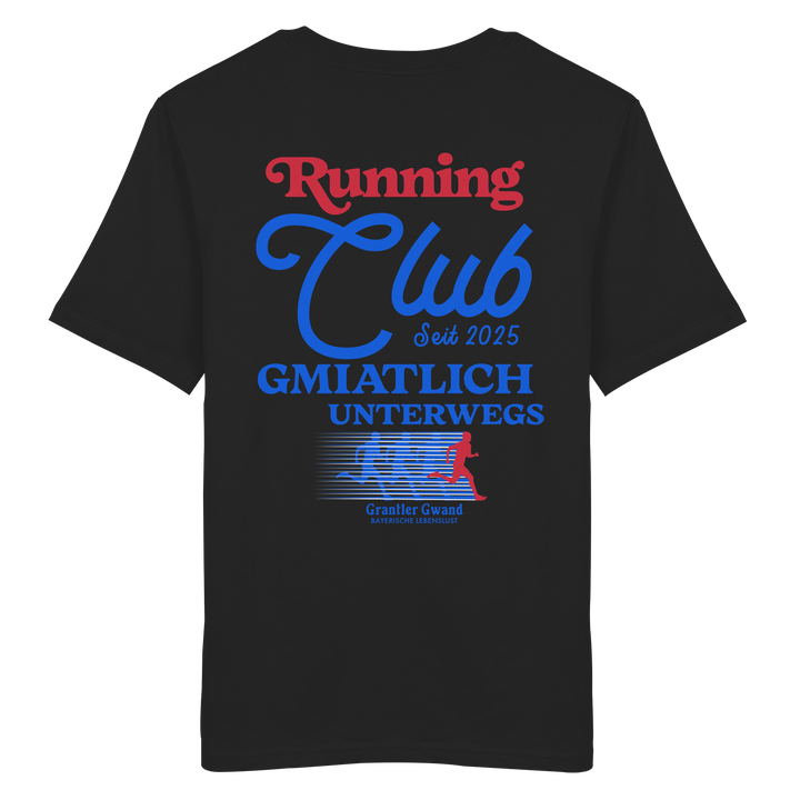 Schwarzes Unisex T-Shirt mit großem Running Club Backprint im Retro-Design in Blau und Rot sowie „Gmiatlich unterwegs“ Schriftzug – hochwertiges Baumwoll T-Shirt für Laufen, Freizeit und bayerische Streetwear von Grantler Gwand.