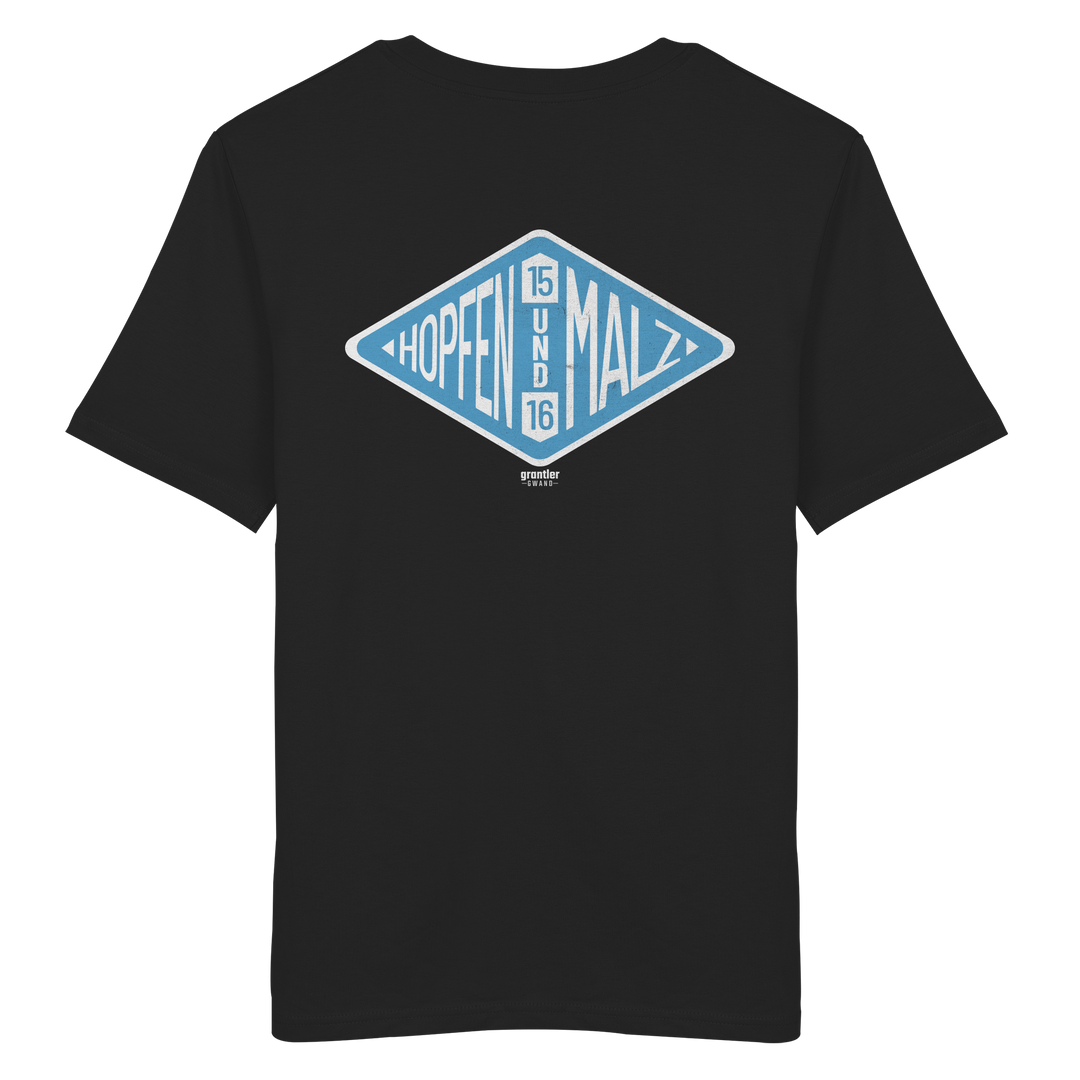Schwarzes  T-Shirt mit hellblauem „Hopfen & Malz“-Backprint im Vintage-Stil und modernem bayerischen Streetwear-Design.