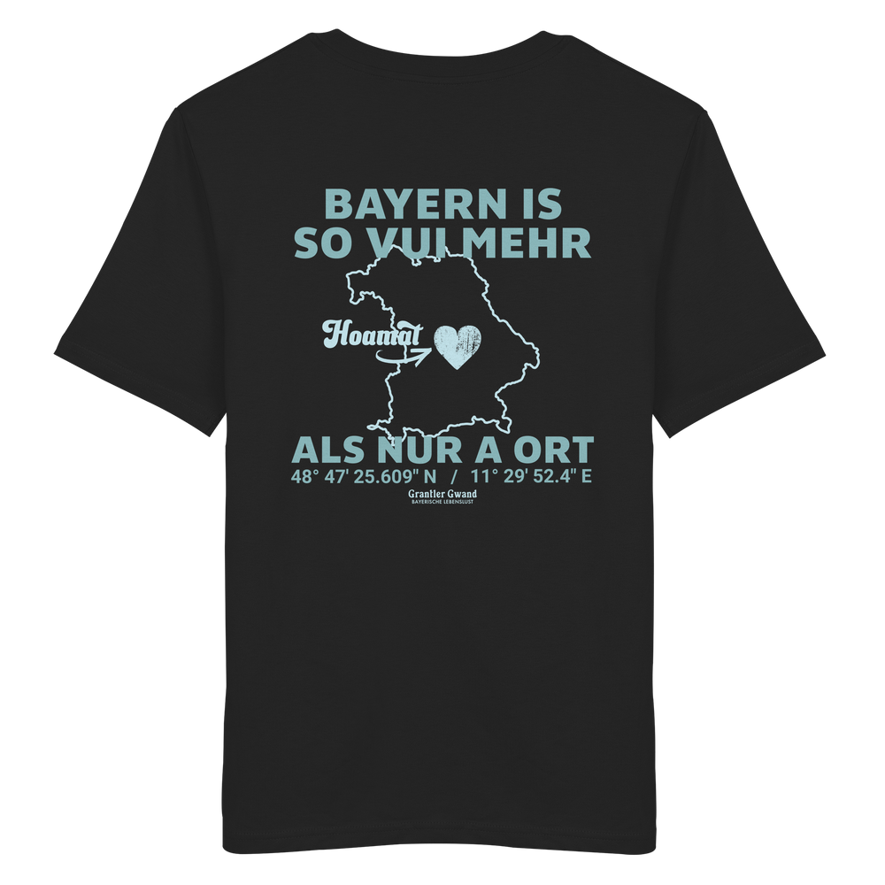 Schwarzes Unisex T-Shirt von Grantler Gwand mit grünem Backprint „Bayern is so vui mehr als nur a Ort“ und Bayern-Silhouette – bayerisches Streetwear T-Shirt aus Baumwolle.