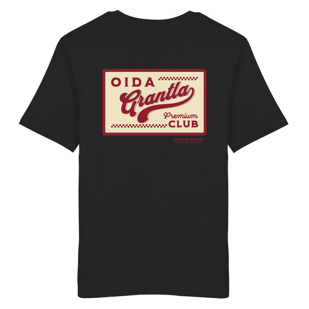 Schwarzes Shirt mit großem Retro-Backprint "Oida Grantla Premium Club" im Vintage-Stil. Bayerischer Streetwear Hoodie von Grantler Gwand.