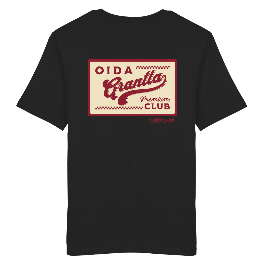 Schwarzes Shirt mit großem Retro-Backprint "Oida Grantla Premium Club" im Vintage-Stil. Bayerischer Streetwear Hoodie von Grantler Gwand.