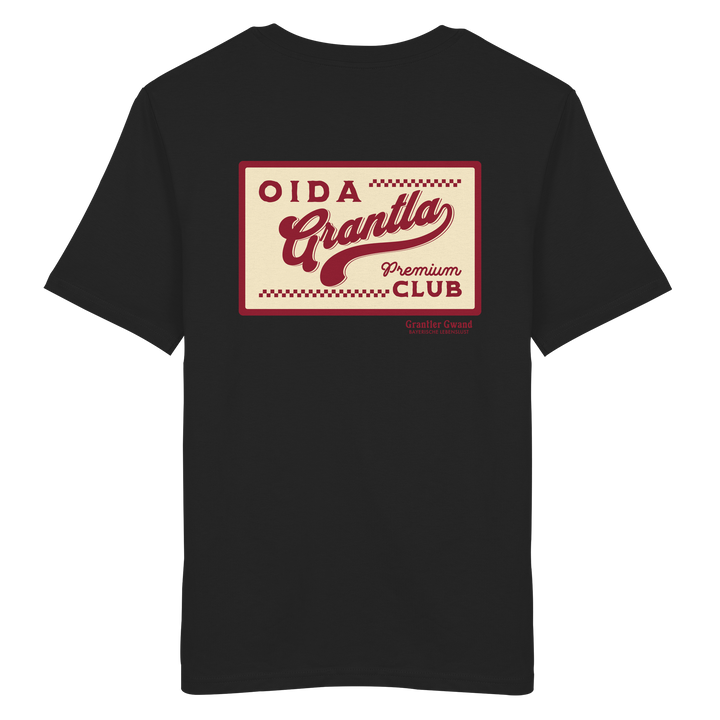 Schwarzes Shirt mit großem Retro-Backprint "Oida Grantla Premium Club" im Vintage-Stil. Bayerischer Streetwear Hoodie von Grantler Gwand.