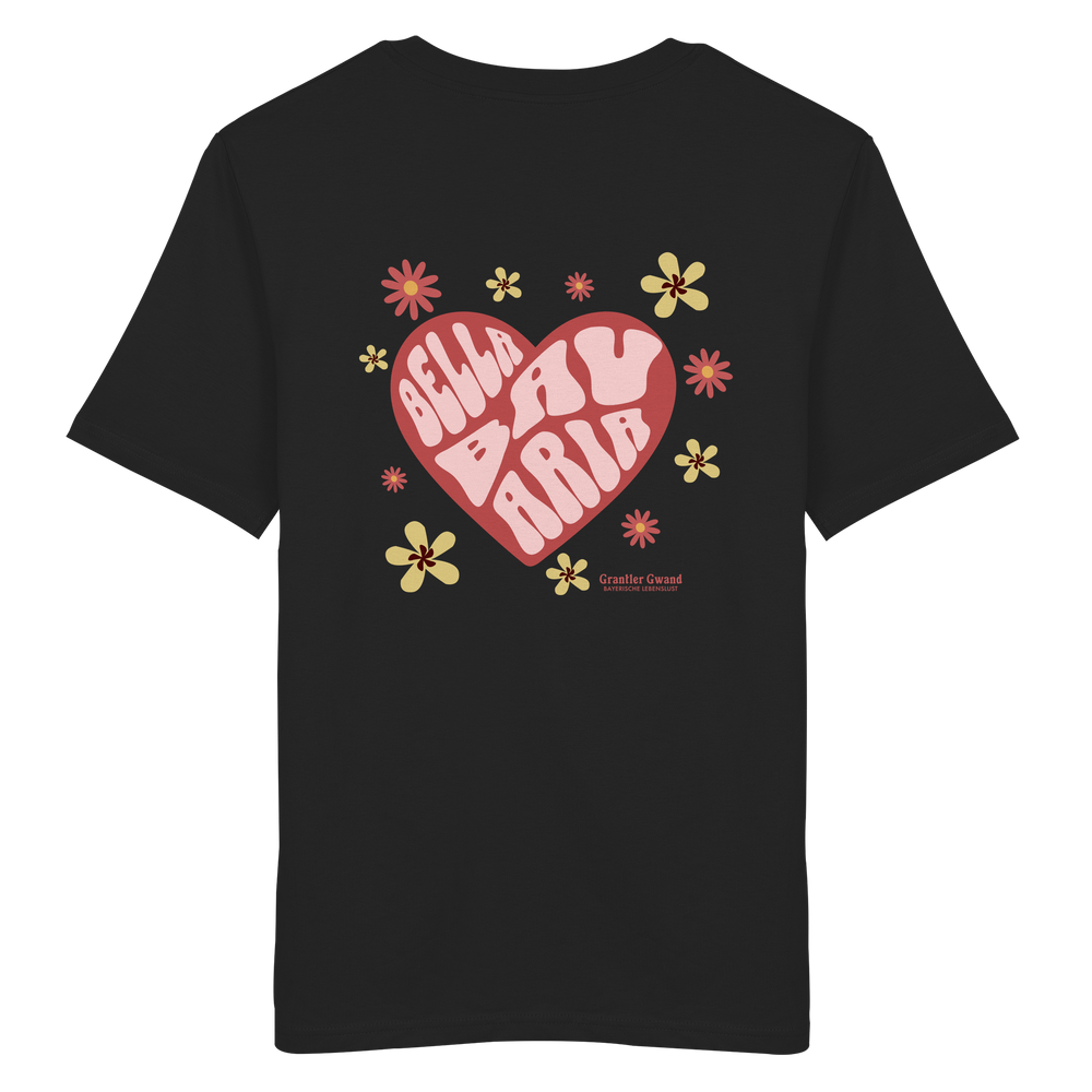 Schwarzes Unisex T- Shirt mit großem Herzmotiv und bayerischem Bella Bavaria Schriftzug auf dem Rücken – hochwertiger Hoodie von Grantler Gwand.