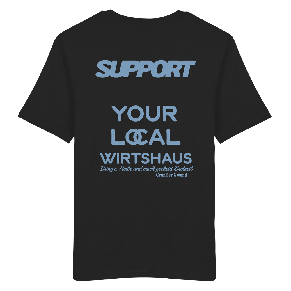 „Schwarzes Unisex T-Shirt mit großflächigem, blauem Backprint 'Support Your Local Wirtshaus' im markanten Typografie-Design von Grantler Gwand.“