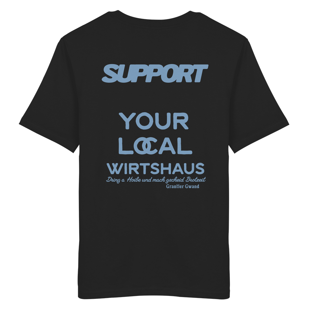 „Schwarzes Unisex T-Shirt mit großflächigem, blauem Backprint &