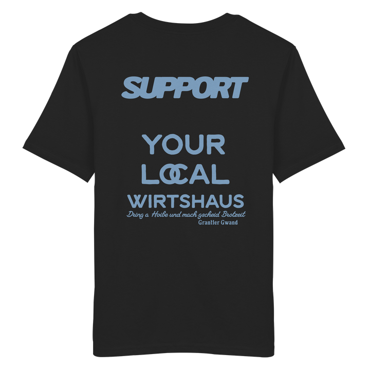„Schwarzes Unisex T-Shirt mit großflächigem, blauem Backprint &
