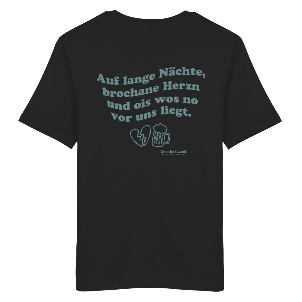 Schwarzes Unisex T-Shirt mit grünem Rückendruck „auf lange Nächte“ im Vintage-Look von Grantler Gwand aus hochwertiger Bio-Baumwolle.