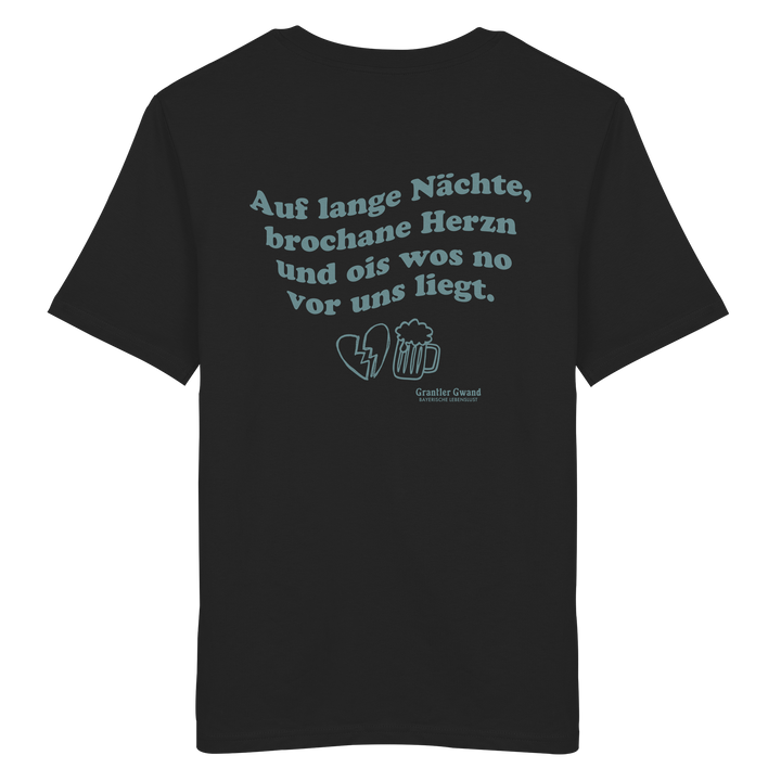 Schwarzes Unisex T-Shirt mit grünem Rückendruck „auf lange Nächte“ im Vintage-Look von Grantler Gwand aus hochwertiger Bio-Baumwolle.