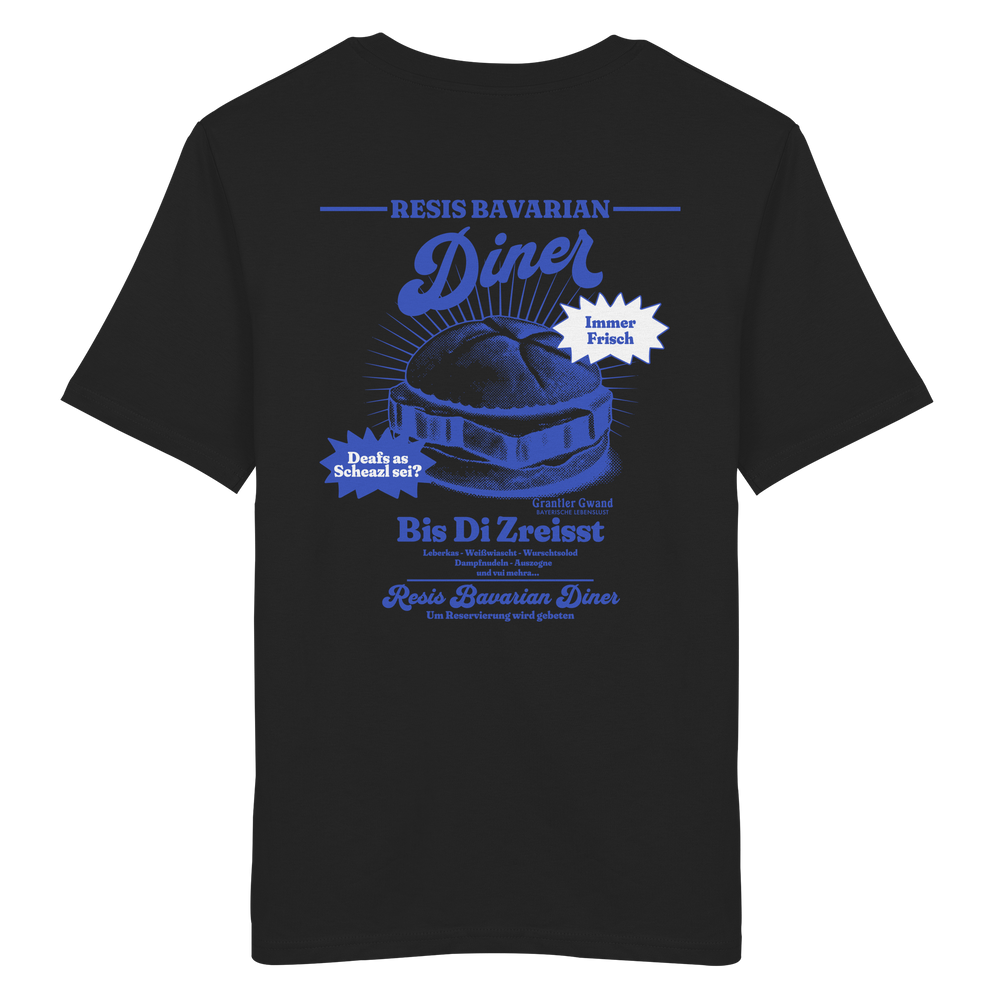 Schwarzes Unisex T-Shirt mit Backprint „Resis Bavarian Diner“ – bayerisches Streetwear T-Shirt mit Leberkässemmel im Retro-Diner-Design und Vintage-Print von Grantler Gwand.