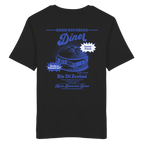 Schwarzes Unisex T-Shirt mit Backprint „Resis Bavarian Diner“ – bayerisches Streetwear T-Shirt mit Leberkässemmel im Retro-Diner-Design und Vintage-Print von Grantler Gwand.