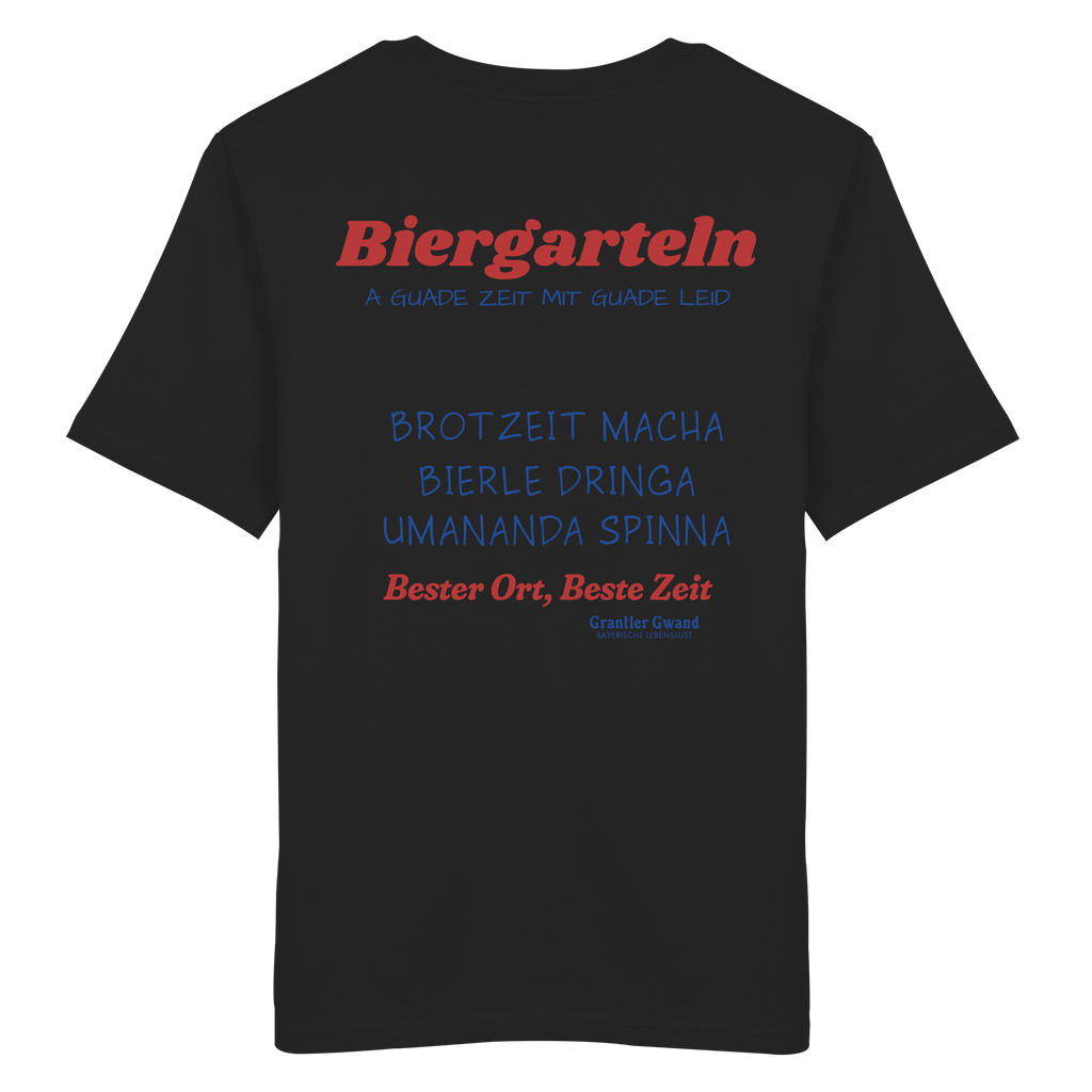 Schwarzes Unisex T-Shirt mit großem Biergarteln Backprint in Rot und bayerischem Statement „A guade Zeit mit guade Leid“. Hochwertiges Premium-Shirt für Biergarten, Volksfest, Stammtisch und moderne bayerische Streetwear. Designed und bedruckt in Bayern von Grantler Gwand.