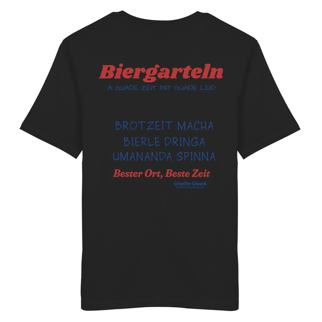Schwarzes Unisex T-Shirt mit großem Biergarteln Backprint in Rot und bayerischem Statement „A guade Zeit mit guade Leid“. Hochwertiges Premium-Shirt für Biergarten, Volksfest, Stammtisch und moderne bayerische Streetwear. Designed und bedruckt in Bayern von Grantler Gwand.