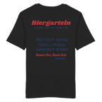 Schwarzes Unisex T-Shirt mit großem Biergarteln Backprint in Rot und bayerischem Statement „A guade Zeit mit guade Leid“. Hochwertiges Premium-Shirt für Biergarten, Volksfest, Stammtisch und moderne bayerische Streetwear. Designed und bedruckt in Bayern von Grantler Gwand.