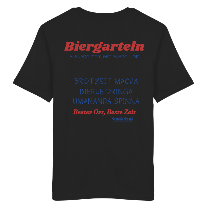 Schwarzes Unisex T-Shirt mit großem Biergarteln Backprint in Rot und bayerischem Statement „A guade Zeit mit guade Leid“. Hochwertiges Premium-Shirt für Biergarten, Volksfest, Stammtisch und moderne bayerische Streetwear. Designed und bedruckt in Bayern von Grantler Gwand.