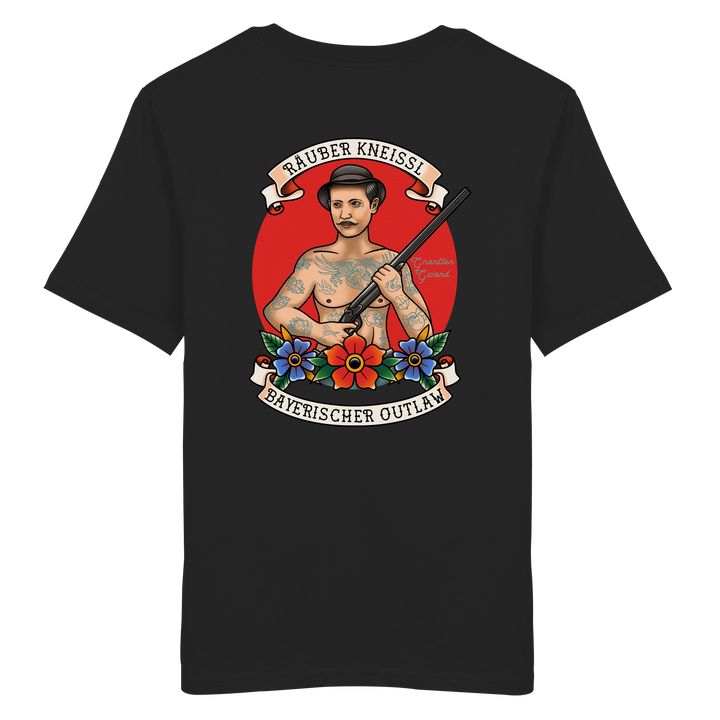 Schwarzes Räuber Kneissl Unisex T-Shirt mit großem Backprint im Tattoo-Style. Unisex Streetwear Shirt aus 100 % ringgesponnener Baumwolle mit bayerischem Motiv. Designed und bedruckt in Bayern von Grantler Gwand.