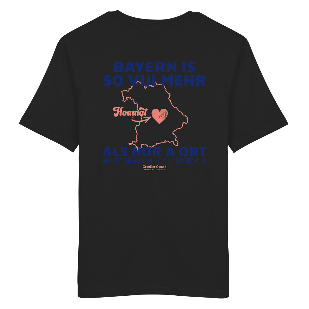 Schwarzes Unisex T-Shirt von Grantler Gwand mit blauem Backprint „Bayern is so vui mehr als nur a Ort“, Herzsymbol und Bayern-Silhouette – bayerisches Streetwear T-Shirt aus 100 % Baumwolle.