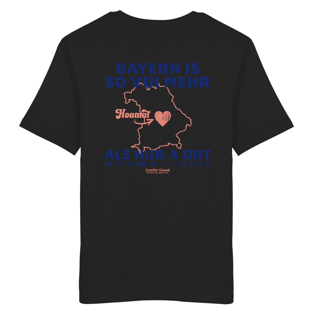 Schwarzes Unisex T-Shirt von Grantler Gwand mit blauem Backprint „Bayern is so vui mehr als nur a Ort“, Herzsymbol und Bayern-Silhouette – bayerisches Streetwear T-Shirt aus 100 % Baumwolle.