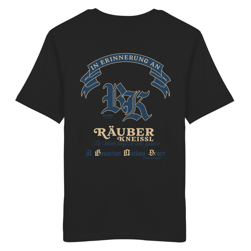 Schwarzes T-Shirt mit großem „Räuber Kneißl“-Backprint in Blau und Beige sowie historischen Schriftzügen im modernen Streetwear-Design.
