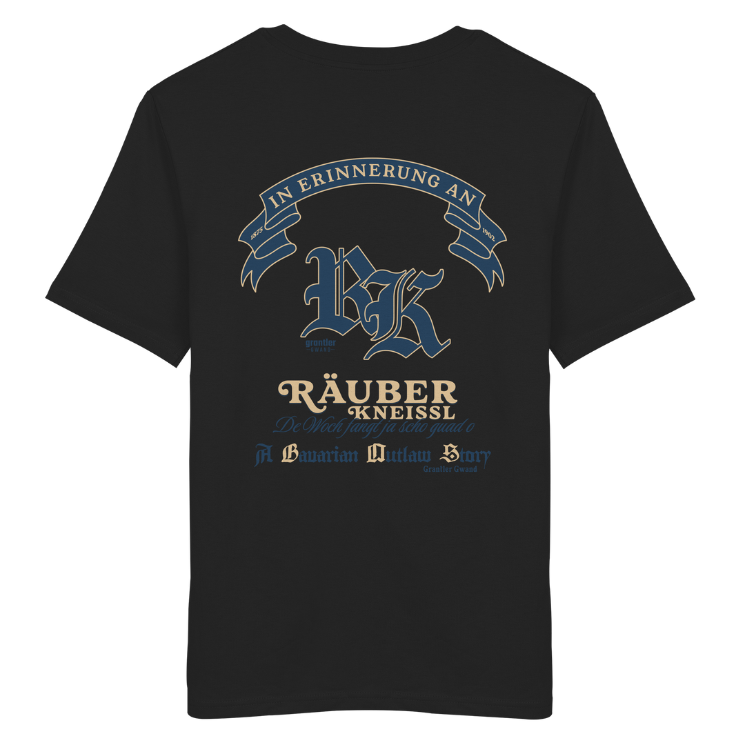 Schwarzes T-Shirt mit großem „Räuber Kneißl“-Backprint in Blau und Beige sowie historischen Schriftzügen im modernen Streetwear-Design.