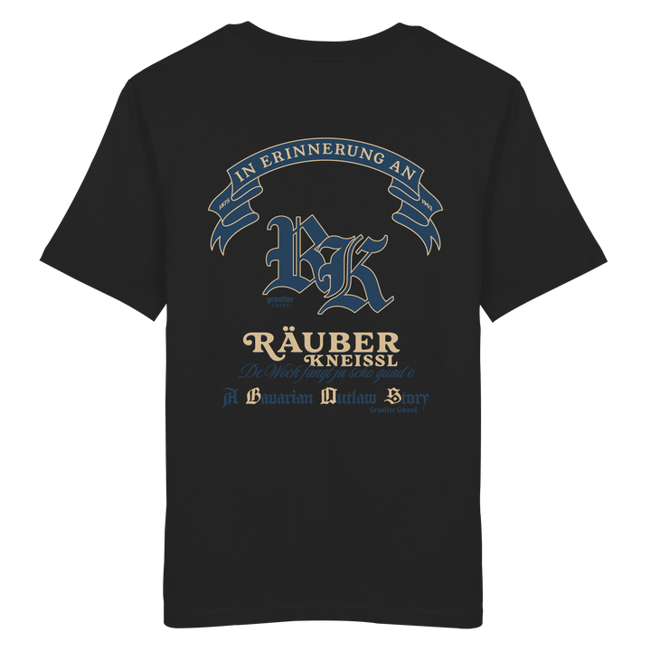 Schwarzes T-Shirt mit großem „Räuber Kneißl“-Backprint in Blau und Beige sowie historischen Schriftzügen im modernen Streetwear-Design.