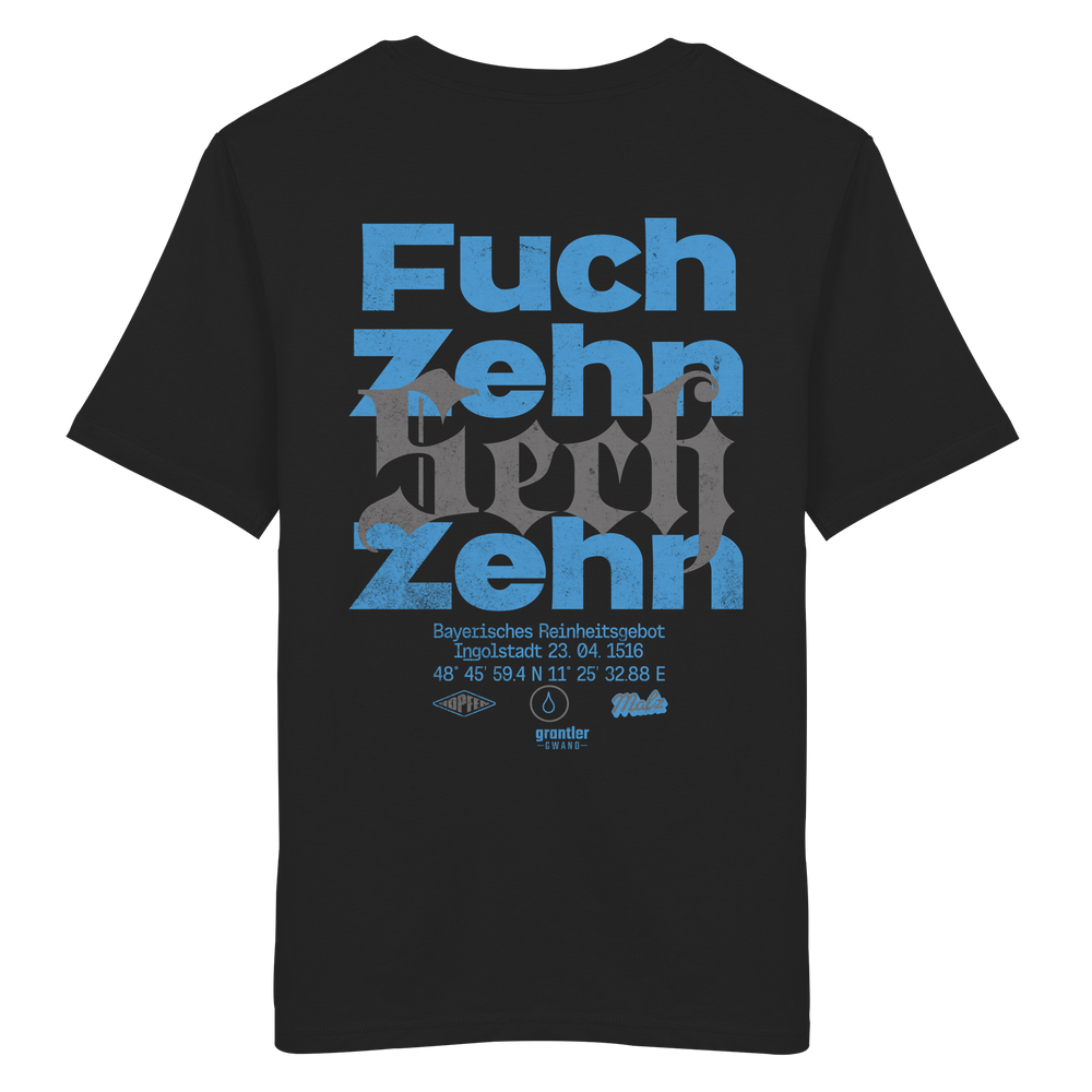 Schwarzes Shirt mit großem typografischen Backprint „Fuchzehn“, modernen blauen und schwarzen Schriftzügen sowie Verweis auf das Bayerische Reinheitsgebot von 1516.