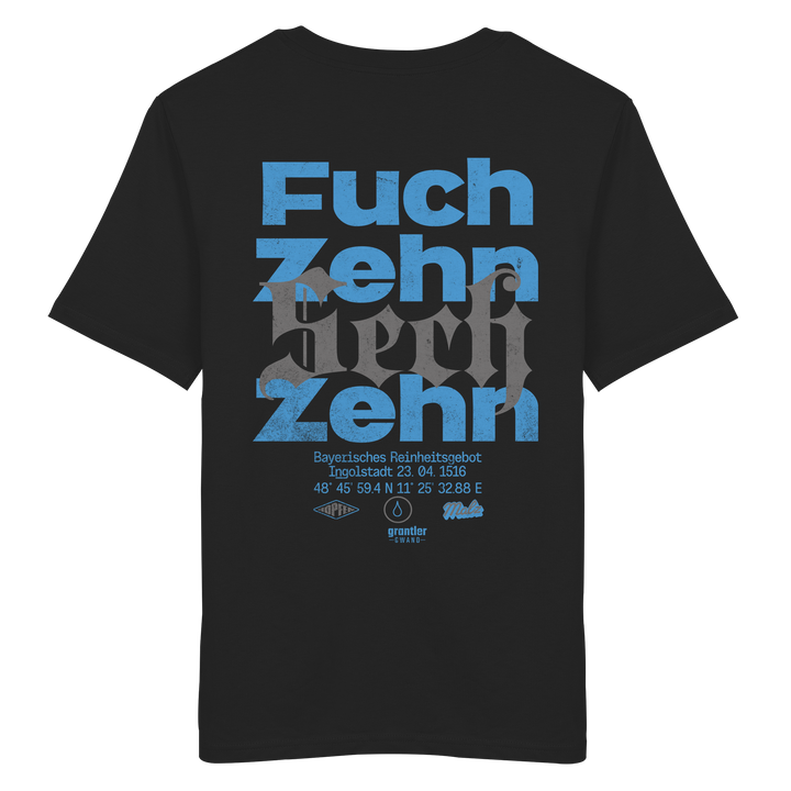 Schwarzes Shirt mit großem typografischen Backprint „Fuchzehn“, modernen blauen und schwarzen Schriftzügen sowie Verweis auf das Bayerische Reinheitsgebot von 1516.