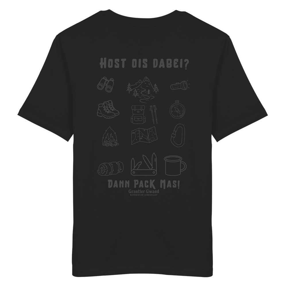 Schwarzes Unisex T-Shirt mit Backprint „Host ois dabei“ – bayerisches Outdoor-Shirt mit Wander-, Camping- und Bergsport-Motiv für Abenteuer und Freizeit von Grantler Gwand.