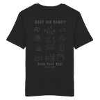 Schwarzes Unisex T-Shirt mit Backprint „Host ois dabei“ – bayerisches Outdoor-Shirt mit Wander-, Camping- und Bergsport-Motiv für Abenteuer und Freizeit von Grantler Gwand.