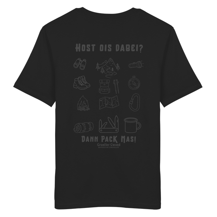Schwarzes Unisex T-Shirt mit Backprint „Host ois dabei“ – bayerisches Outdoor-Shirt mit Wander-, Camping- und Bergsport-Motiv für Abenteuer und Freizeit von Grantler Gwand.